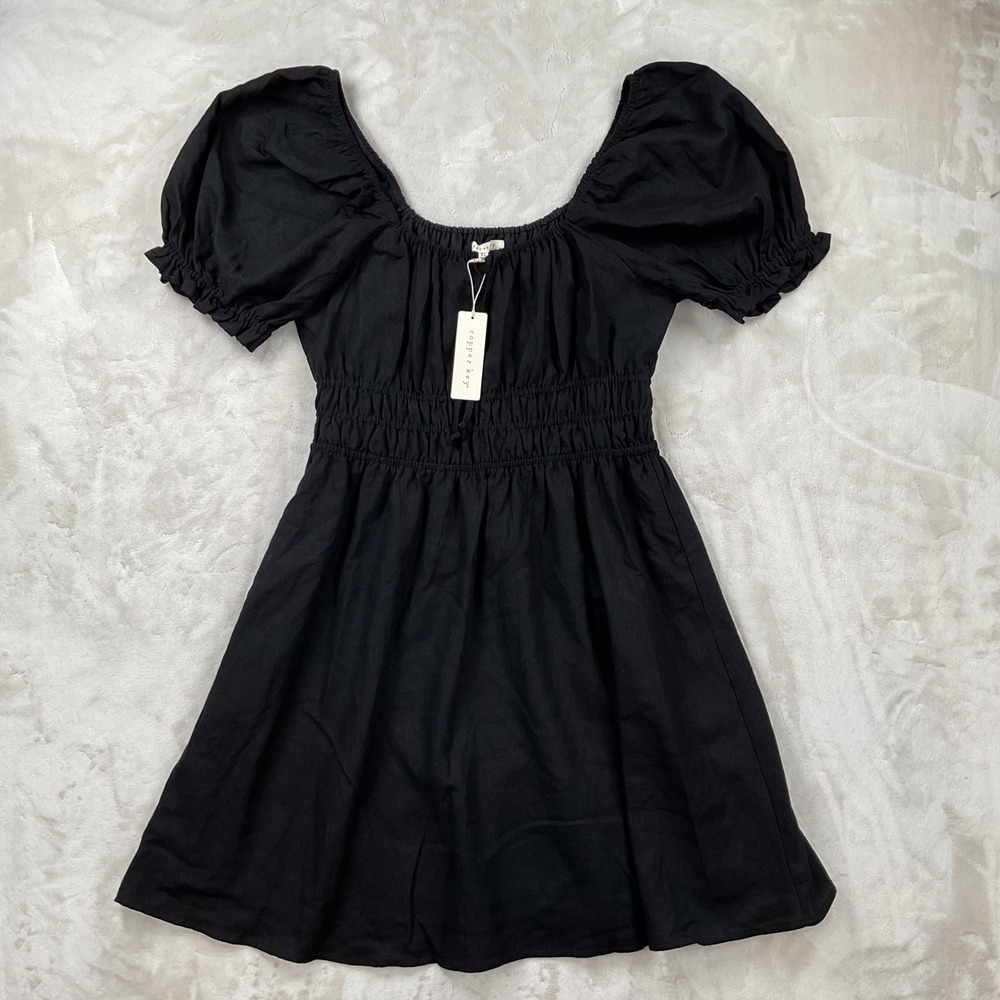 Copper Key Black Linen Blend Puff Sleeve Smocked Mini Dress XL CJ7082EPL NEW